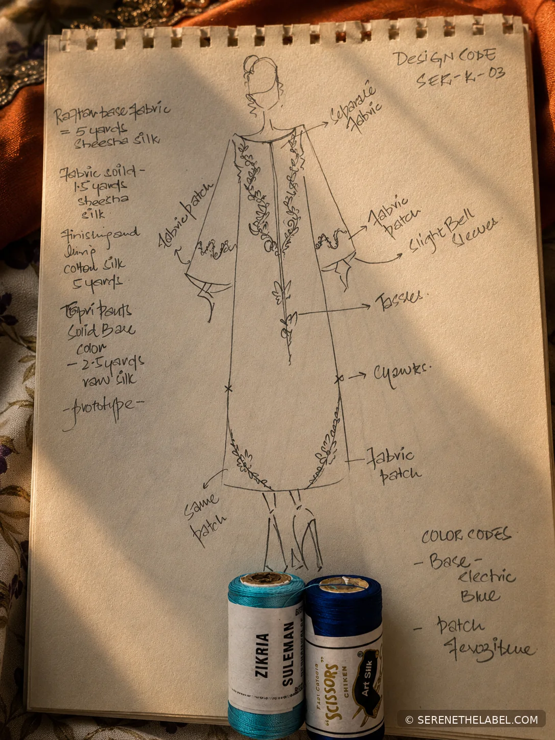 Fashion development sketch surrounded by fabric with blue and turquoise thread spools